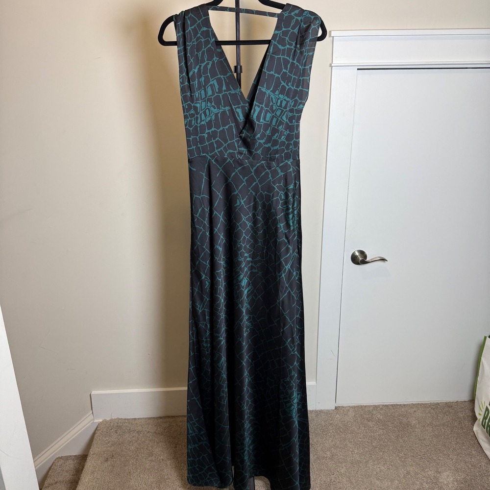 Reiss Maxi Dress Womens 4 Teal Black Abstract Print Satin V-Neck Formal Gown - Picture 4 of 9